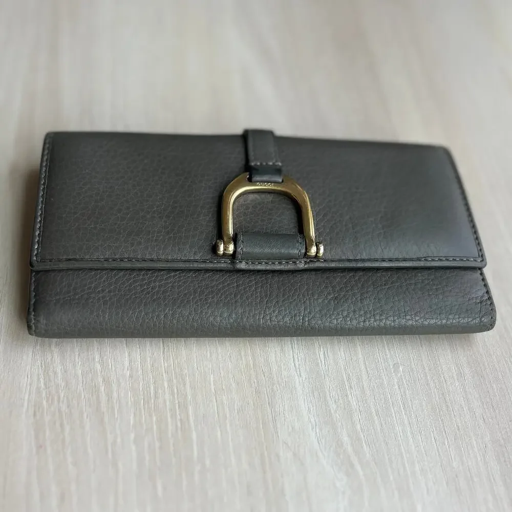 Gucci Continental Bifold Wallet Gray Leather Horsebit Gold‎ Hardware - Picture 2 of 16